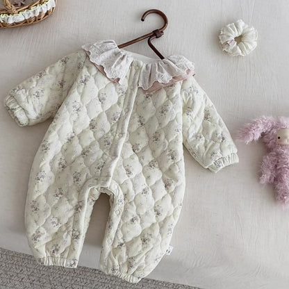 【BABY】冬新作花柄フリル襟キルティング裏起毛カバーオールSK102717