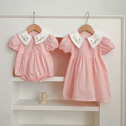 【姉妹服】夏新作 刺繍フラワー襟ロンパース、ワンピースSK081621
