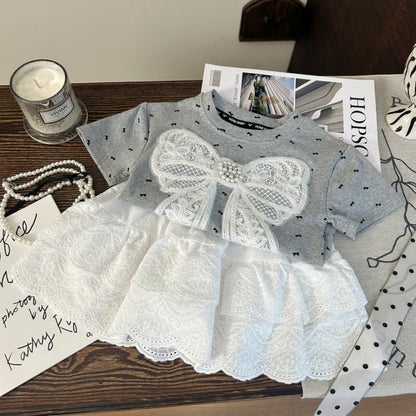 【BABY&KID】夏新作 蝶結び半袖Tシャツ、白レーススカートパンツSK092229