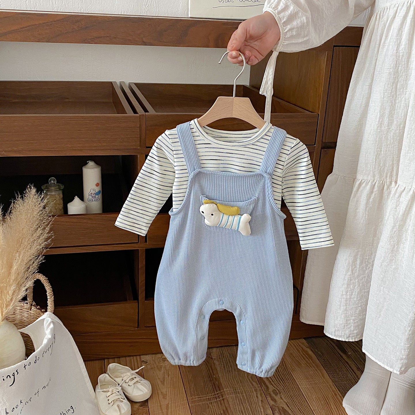 【BABY】いぬサロペットパンツ&ボーダートップス2点セットSK100404