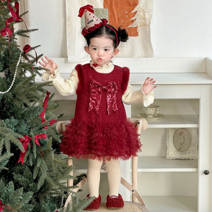 【BABY】冬新作蝶結びチュール厚手ワンピースSK103118