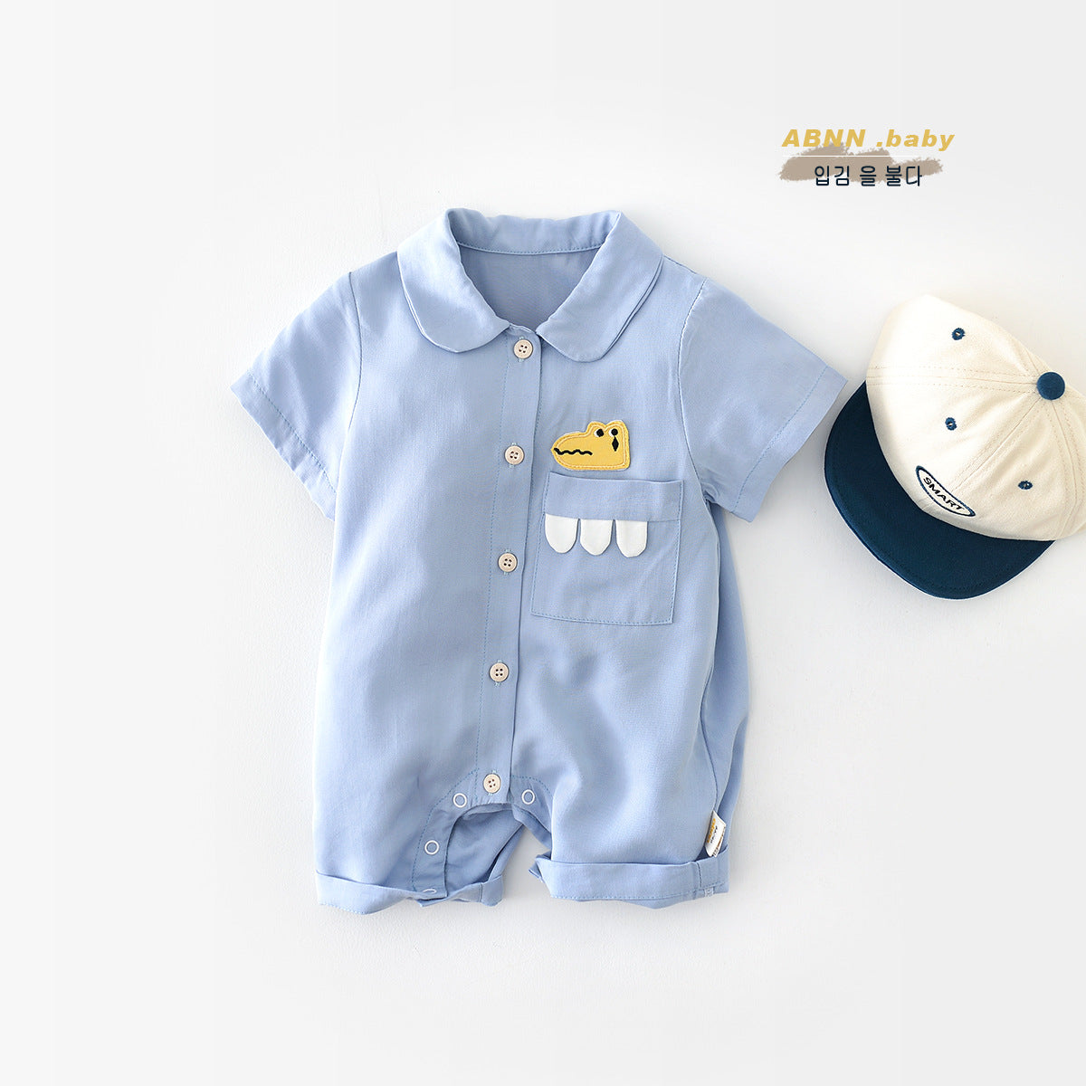 【BABY】夏新作 ワニワッペン付き ブルーロンパースSK070810