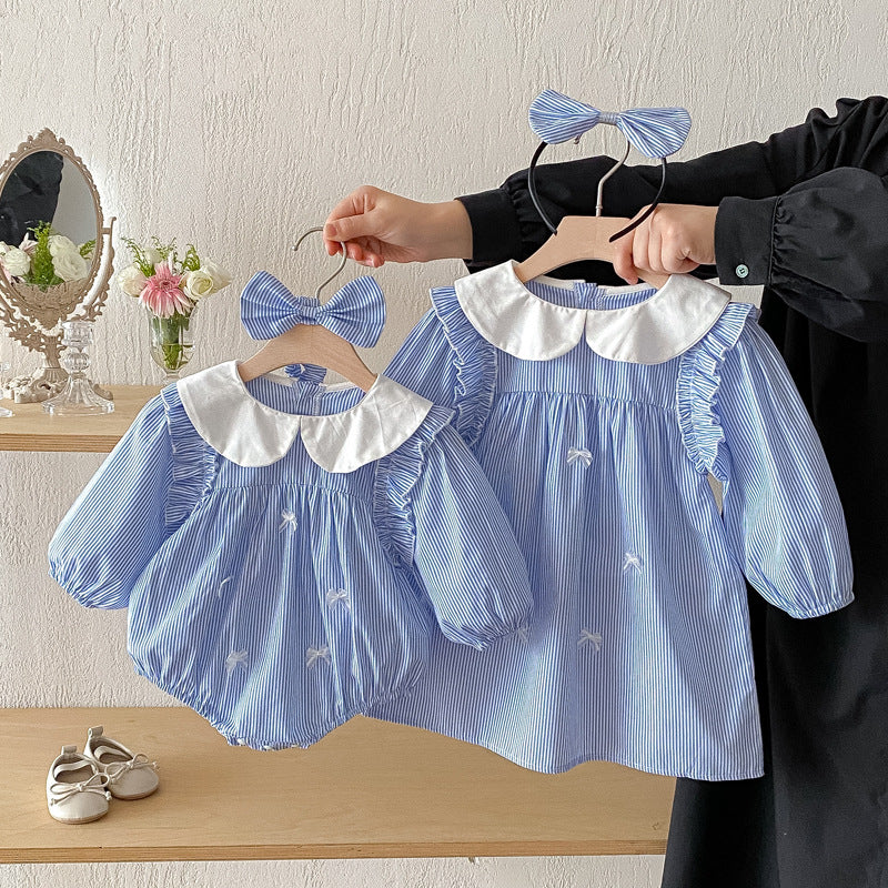 【姉妹服】ブルーストライプロンパース、ワンピースSK101113