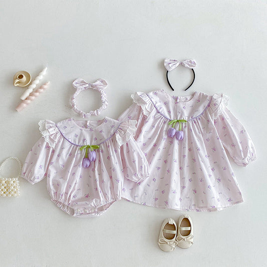 【姉妹服】パープルチューリップロンパース、ワンピースSK101124