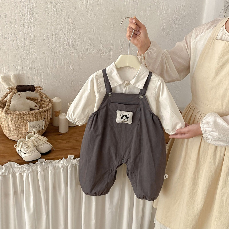 【BABY】わんちゃん刺繍サロペット＆シャツ2点セットSK103916