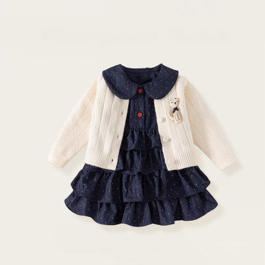 【BABY&KID】無地ニットカーディガン＆ドットワンピースSK102428