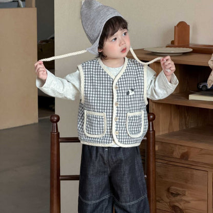 【BABY&KID】チェックベスト、ぞうさん長袖、ストレートデニムパンツSK104011