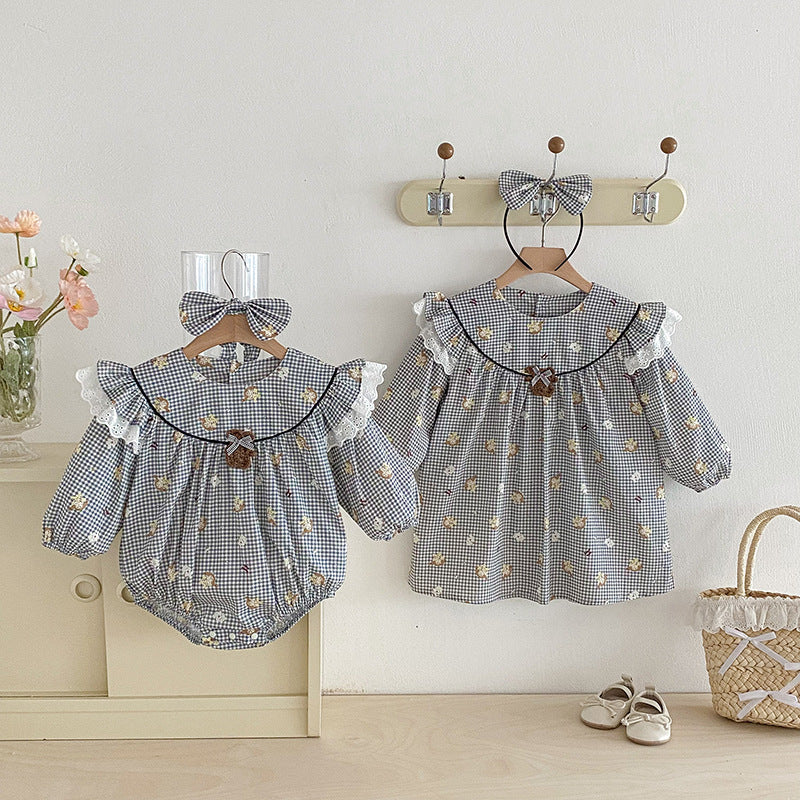 【姉妹服】チェックくまロンパース、ワンピースSK101121