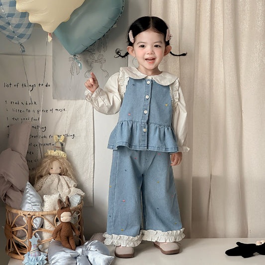 【BABY】ハート刺繍デニムベスト&デニムパンツ、襟付きシャツSK103423