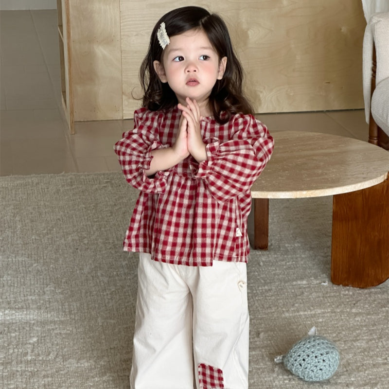 【BABY&KID】レッドチェックブラウス、ベージュパンツSK100839