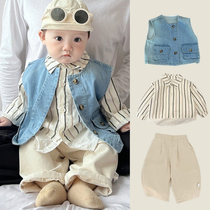 【BABY&KID】ストライプシャツ、デニムベスト、アーモンドパンツSK100224