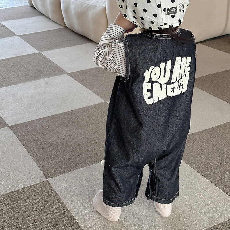 【BABY】英字プリントデニムサロペット、ボーダーTシャツSK010327