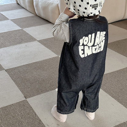 【BABY】英字プリントデニムサロペット、ボーダーTシャツSK010327