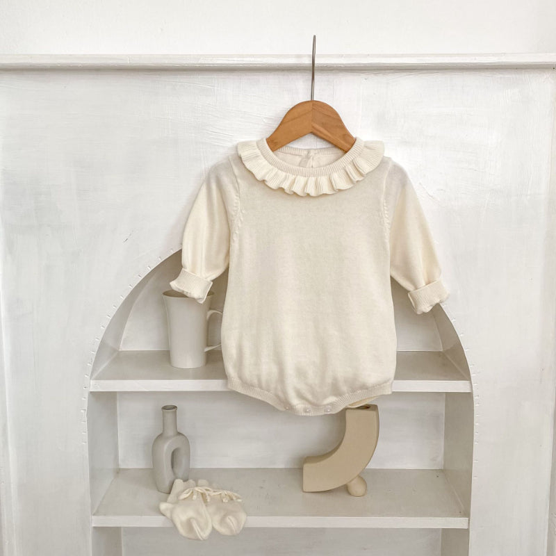【BABY】フリル襟長袖ニットロンパース、ソックスSK100725