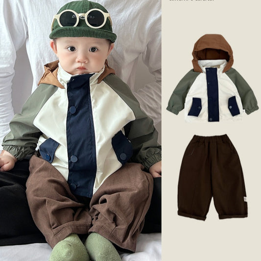 【BABY&KID】配色カジュアルマウンテンパーカー、ブラウンパンツSK100220