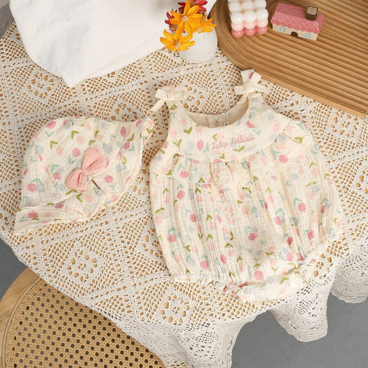 【BABY】夏新作 蝶結びストラップ花柄ロンパース＆帽子SK091812