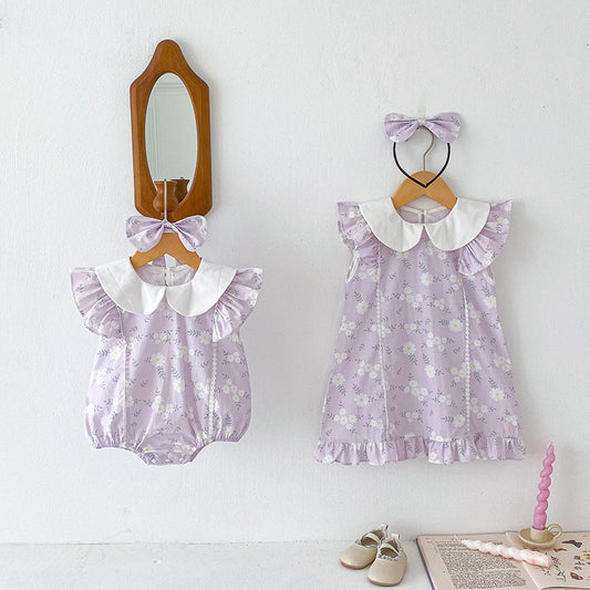 【姉妹服】夏新作 パープル小花柄ロンパース、ワンピースSK081626