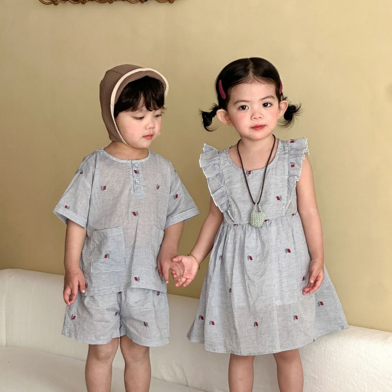 【BABY&KID】夏新作ブルーホワイトストライプセットアップ、ワンピースSK104723