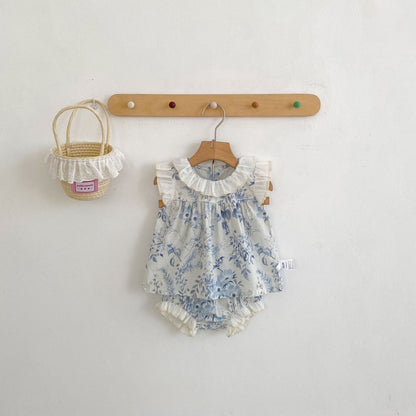 【BABY&KID】夏新作 ラウンドネックフリルスリーブ小花柄セットアップSK104928