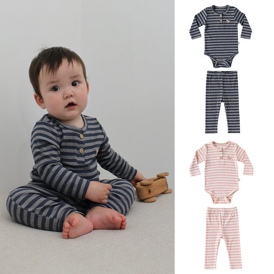 【BABY】北欧風ポニー刺繍ボーダーロンパース、レギンスSK101320