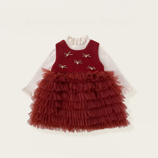 【BABY&KID】冬新作 立体リボンチュールワンピース＆フリルニットSK102426