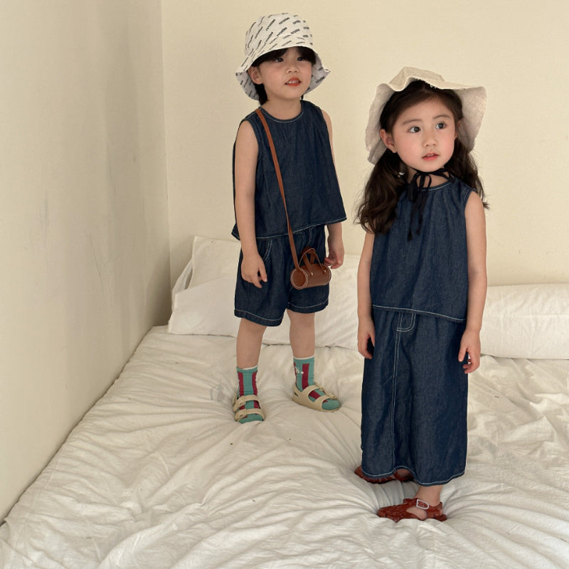 【BABY＆KID】夏新作 ダークデニムベストワンピ、セットアップSK063013