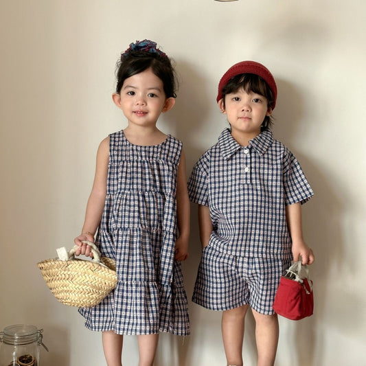 【BABY&KID】夏新作ネイビーチェックセットアップ、ワンピースSK104703