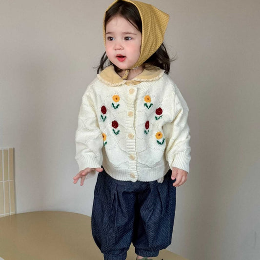 【BABY&KID】カラフル小花ニットカーディガン、丸襟長袖、ドットデニムパンツSK104004