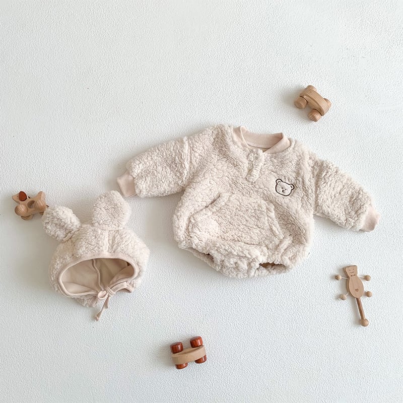 【BABY】冬新作クマ柄帽子付き起毛ロンパース　全2色SK11389