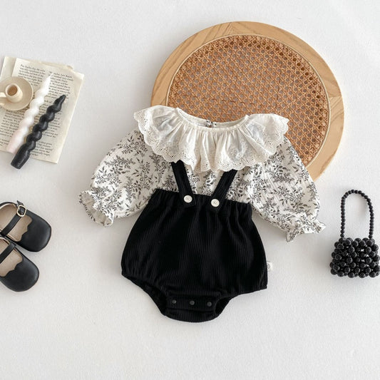 【BABY】レーストリム小花柄トップス＆サロペットショートパンツSK102311