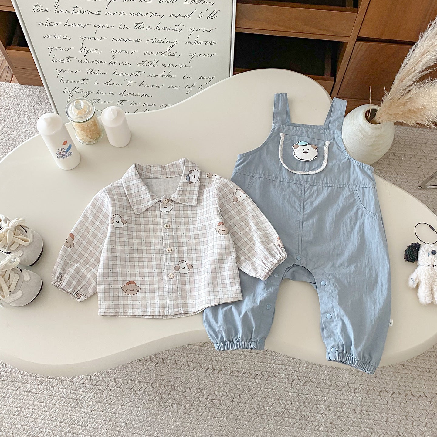 【BABY】いぬチェックシャツ&いぬサロペットパンツSK100427