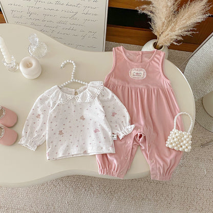 【BABY】フリルトップス&ピンクサロペットパンツSK100441