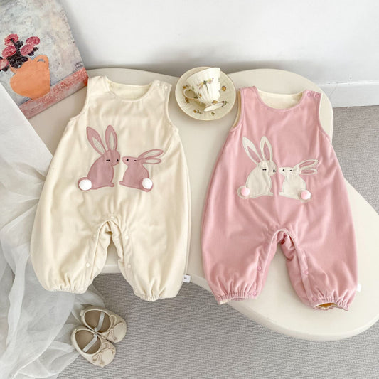 【BABY】うさぎ刺繍裏起毛サロペット、レーストップスSK101423