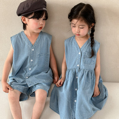 【BABY＆KID】夏新作 Vネックデニムセット、ワンピースSK063012