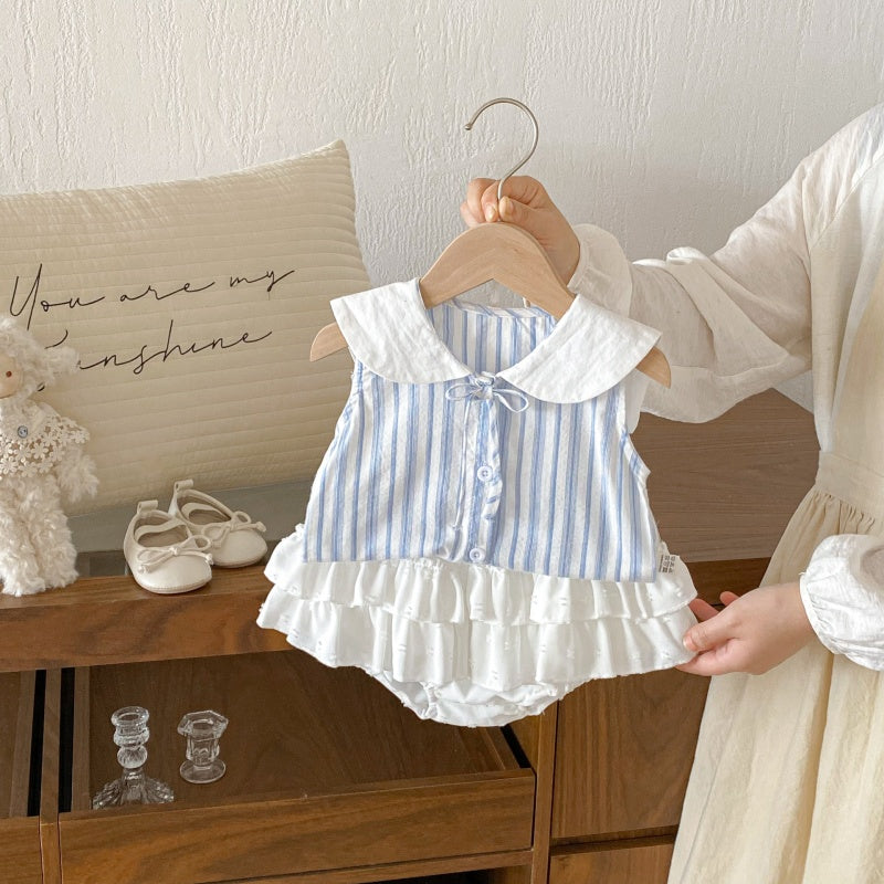 【BABY】夏新作丸襟ストライプノースリーブシャツ＆フリルショートパンツSK104618