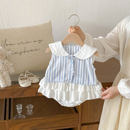 【BABY】夏新作丸襟ストライプノースリーブシャツ＆フリルショートパンツSK104618