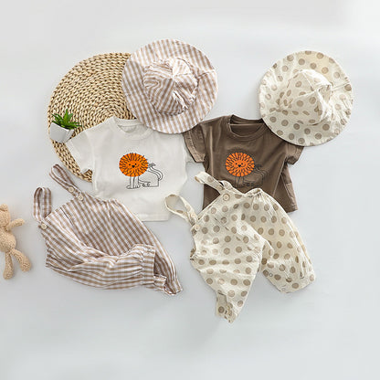 【BABY】夏新作 チェックorドットサロペットロンパース＆ライオンプリントTシャツ＆帽子3点セットSK010207