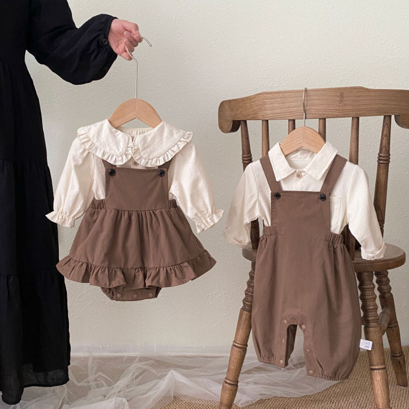 【BABY】ブラウンサロペットロンパース＆シャツセットSK092823