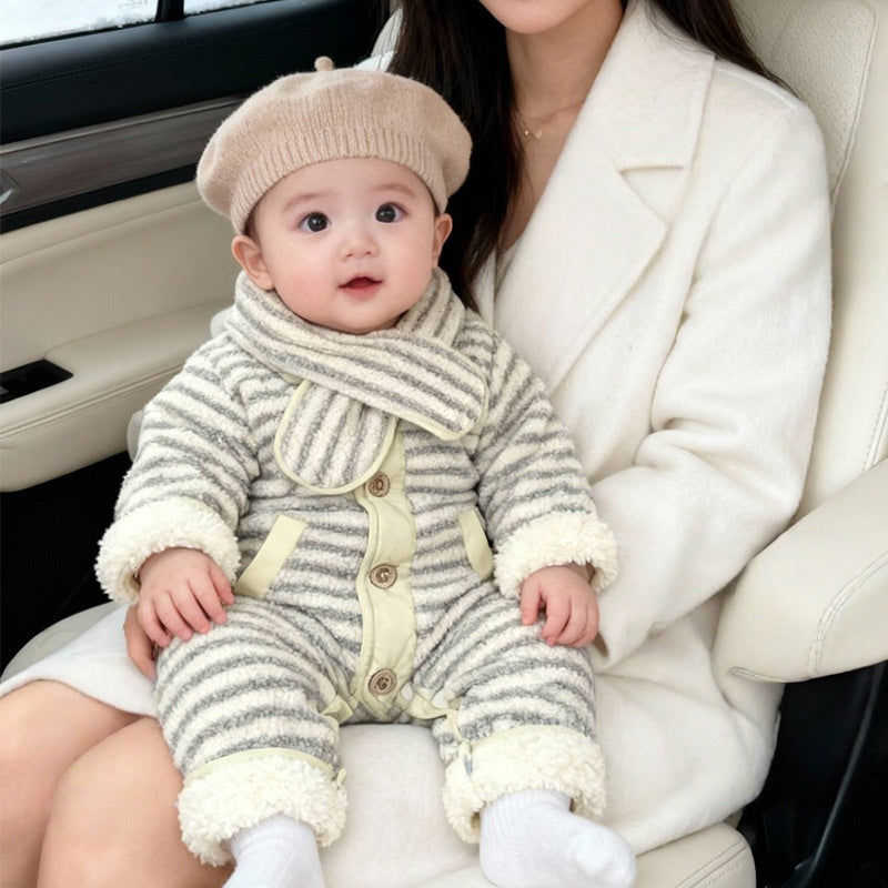 【BABY】冬新作グリーン×グレーボーダーカバーオール&マフラーSK103206