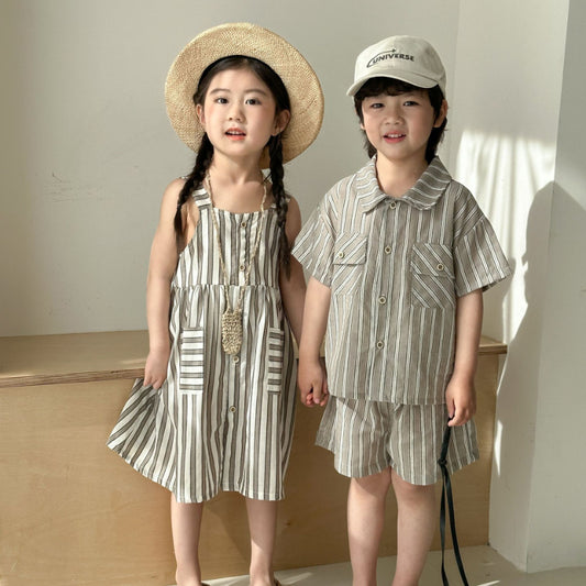 【BABY＆KID】夏新作 ストライプシャツセット、サスペンダーワンピースSK063021