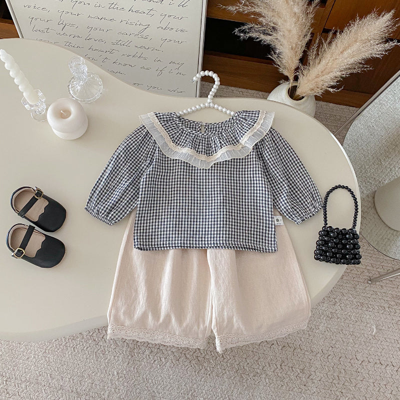 【BABY】チェックレースブラウス、ベージュワイドパンツSK101430