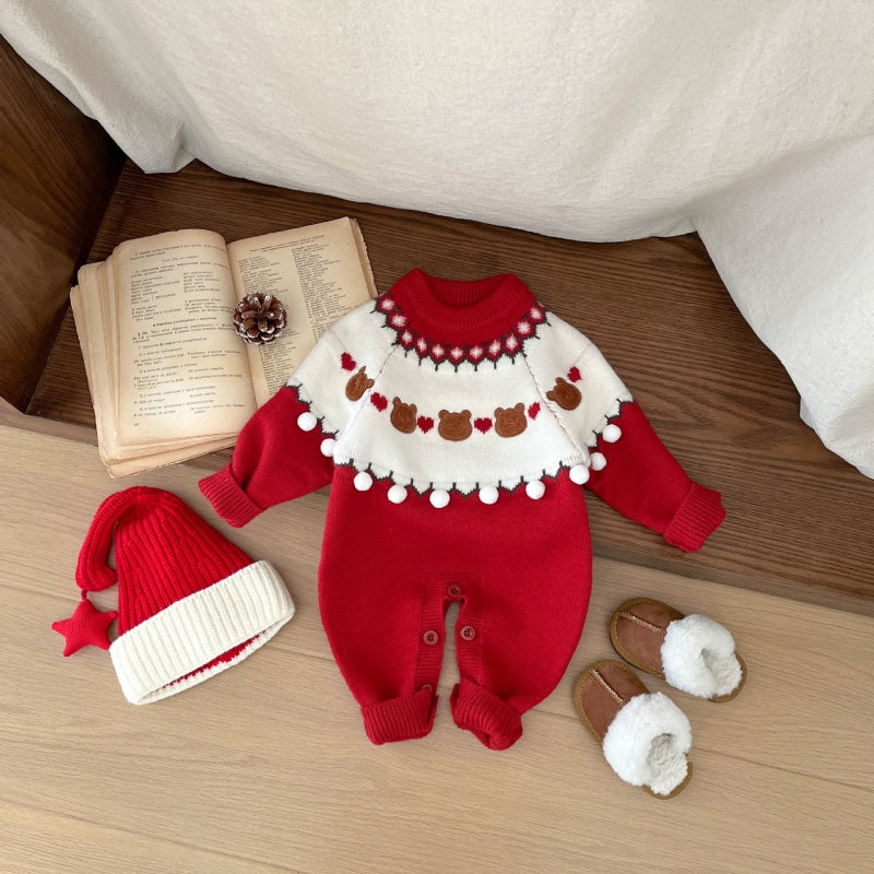 【BABY】冬新作くまハート柄ニットカバーオールSK103217