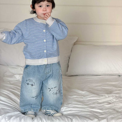 【BABY&KID】ボーダーカーディガン、カートゥーン柄デニムパンツ、ロゴプリント長袖SK104009