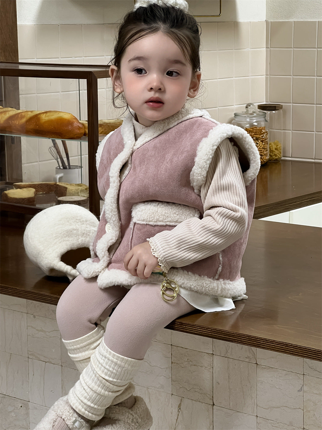 【BABY&KID】もこもこ暖かいベスト、 無地暖かいTシャツ、裏起毛レギンスSK021506