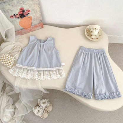 【BABY&KID】夏新作レース切替トップス＆フリルワイドパンツSK105510