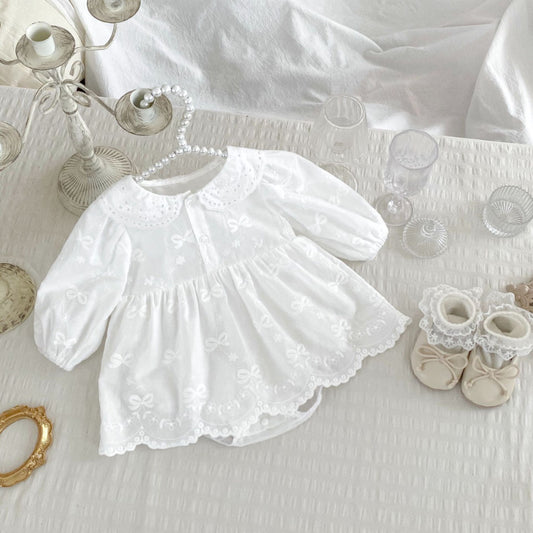 [BABY] Lapel Bow Embroidery Romper Skirt SK092815