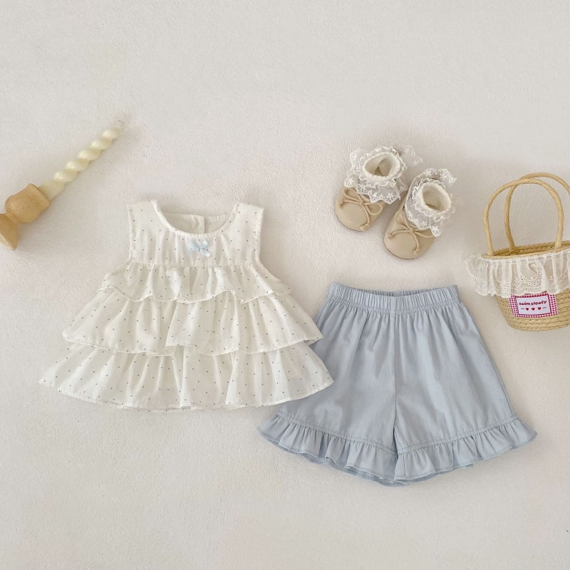 【BABY&KID】夏新作ドットノースリーブブラウス＆フリルショートパンツSK105413