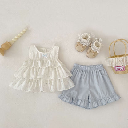 【BABY&KID】夏新作ドットノースリーブブラウス＆フリルショートパンツSK105413