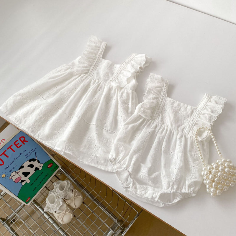 【姉妹服】夏新作 無地エンボスフリルスリーブロンパース、ワンピースSK072523