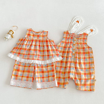 【BABY&KID】夏新作カラフルチェックセットアップ、サロペットSK106105